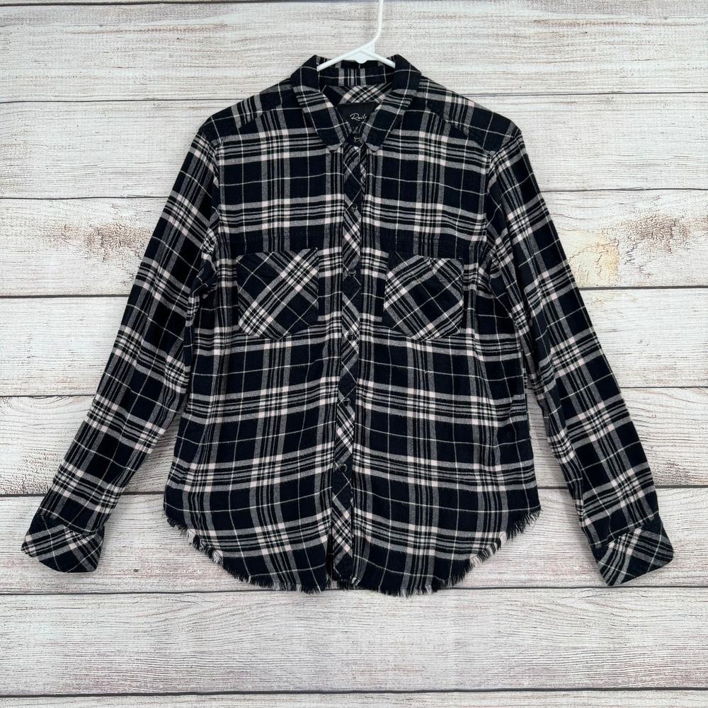 Rails Leo Button Down Shirt Womens Medium Onyx PeachPlaid Frayed Hem